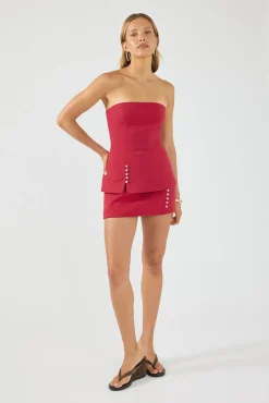 Stevie Linen Strapless Top Red