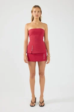 Stevie Linen Strapless Top Red