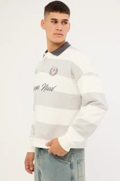 Stonecrest Cropped Long Sleeve Rugby Polo Grey/Off White Stripe