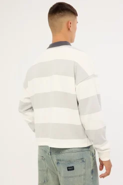 Stonecrest Cropped Long Sleeve Rugby Polo Grey/Off White Stripe