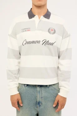 Stonecrest Cropped Long Sleeve Rugby Polo Grey/Off White Stripe