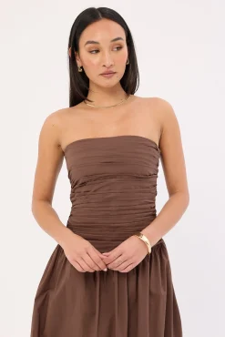 Strapless Drop Waist Midi Dress Brown
