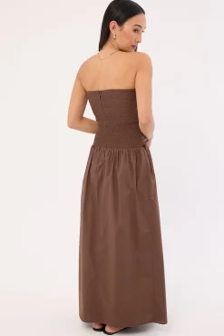 Strapless Drop Waist Midi Dress Brown