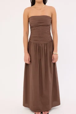 Strapless Drop Waist Midi Dress Brown