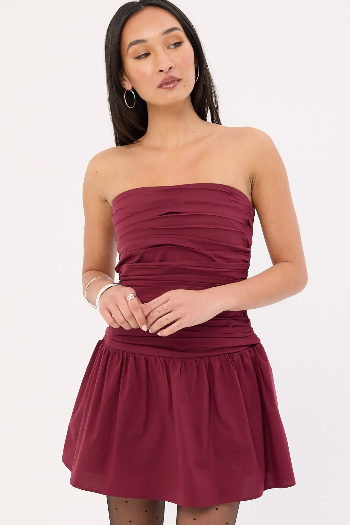 Strapless Drop Waist Mini Dress Burgundy