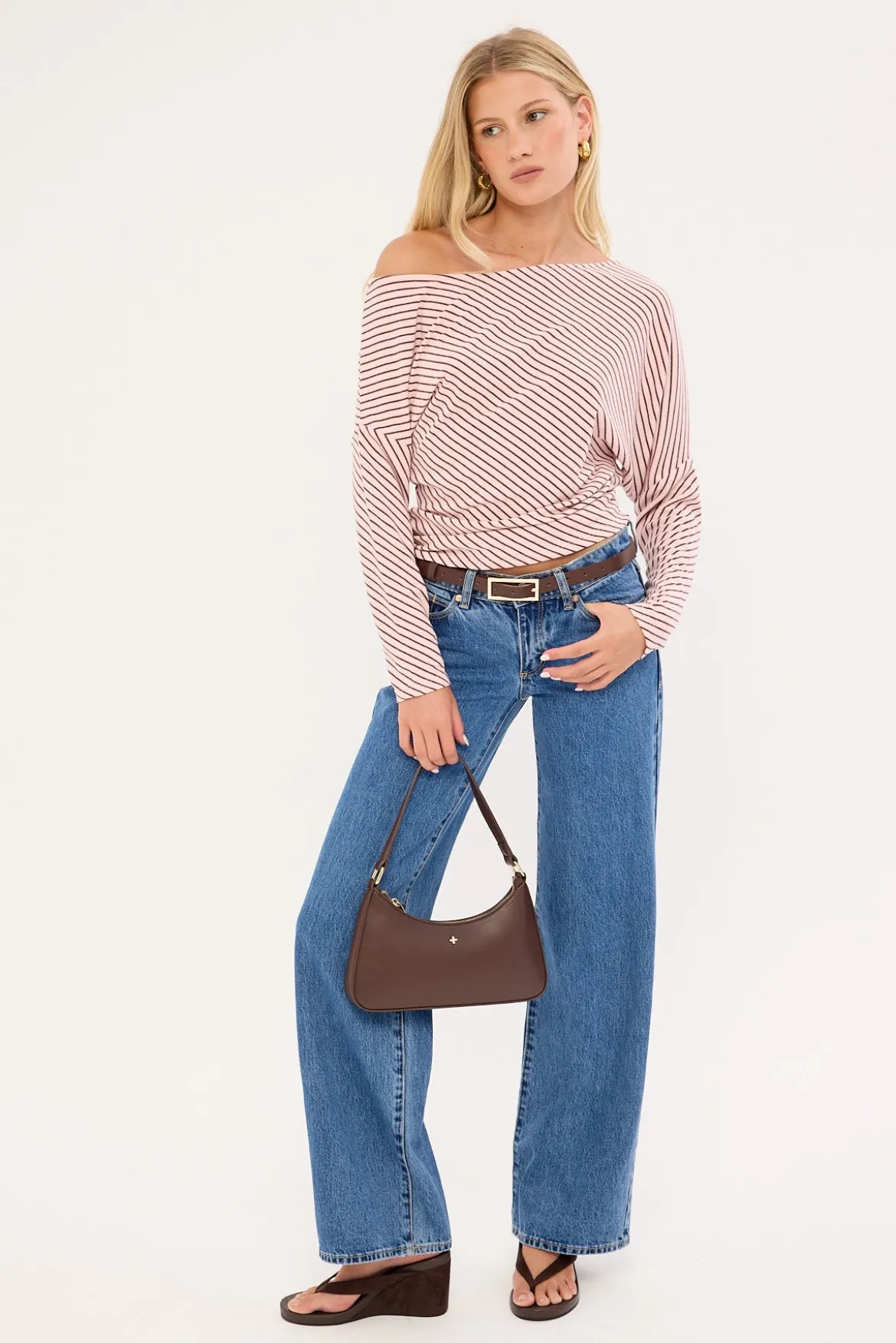 Stripe Off Shoulder Long Sleeve T-shirt Pink and Burgundy