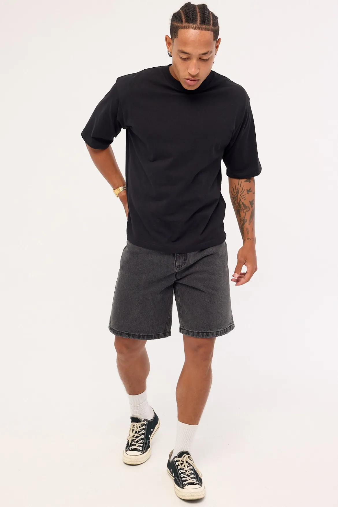 Super Charged Mid Slacker Denim Short Ash Black