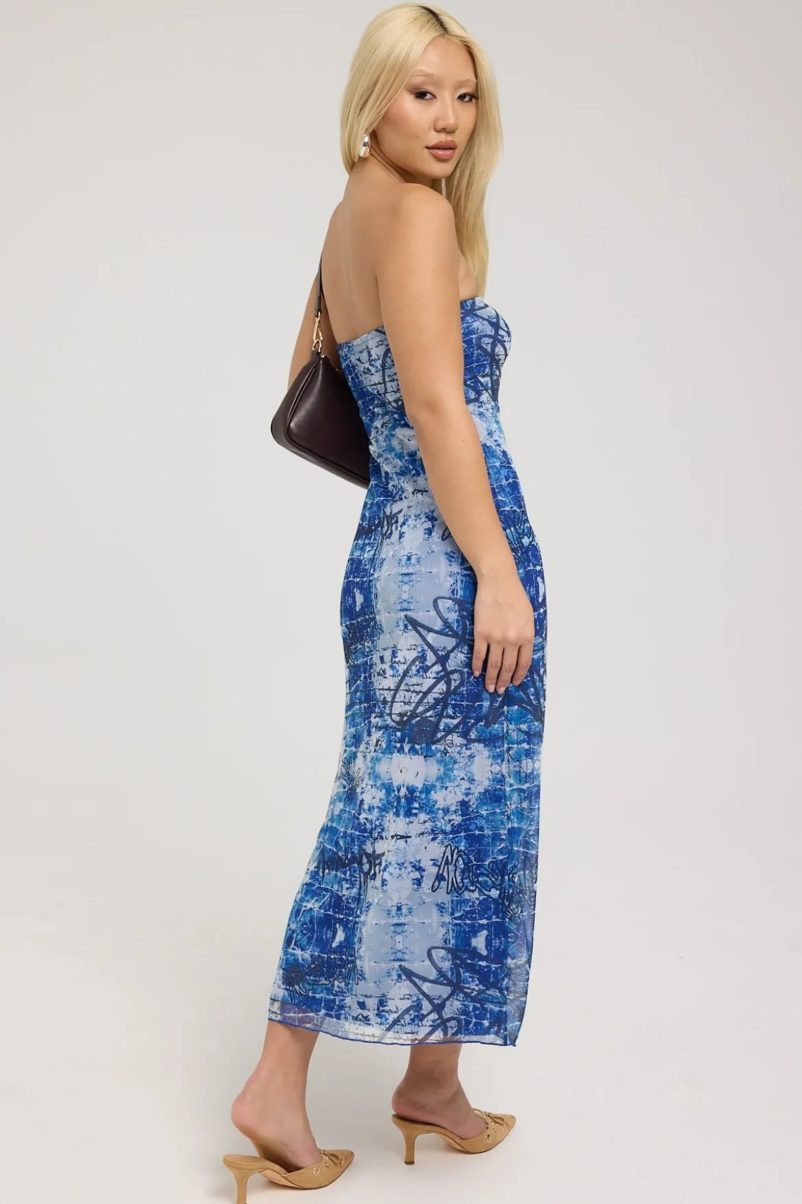 Tagged Mirror Recycled Mesh Midi Dress Blue Print