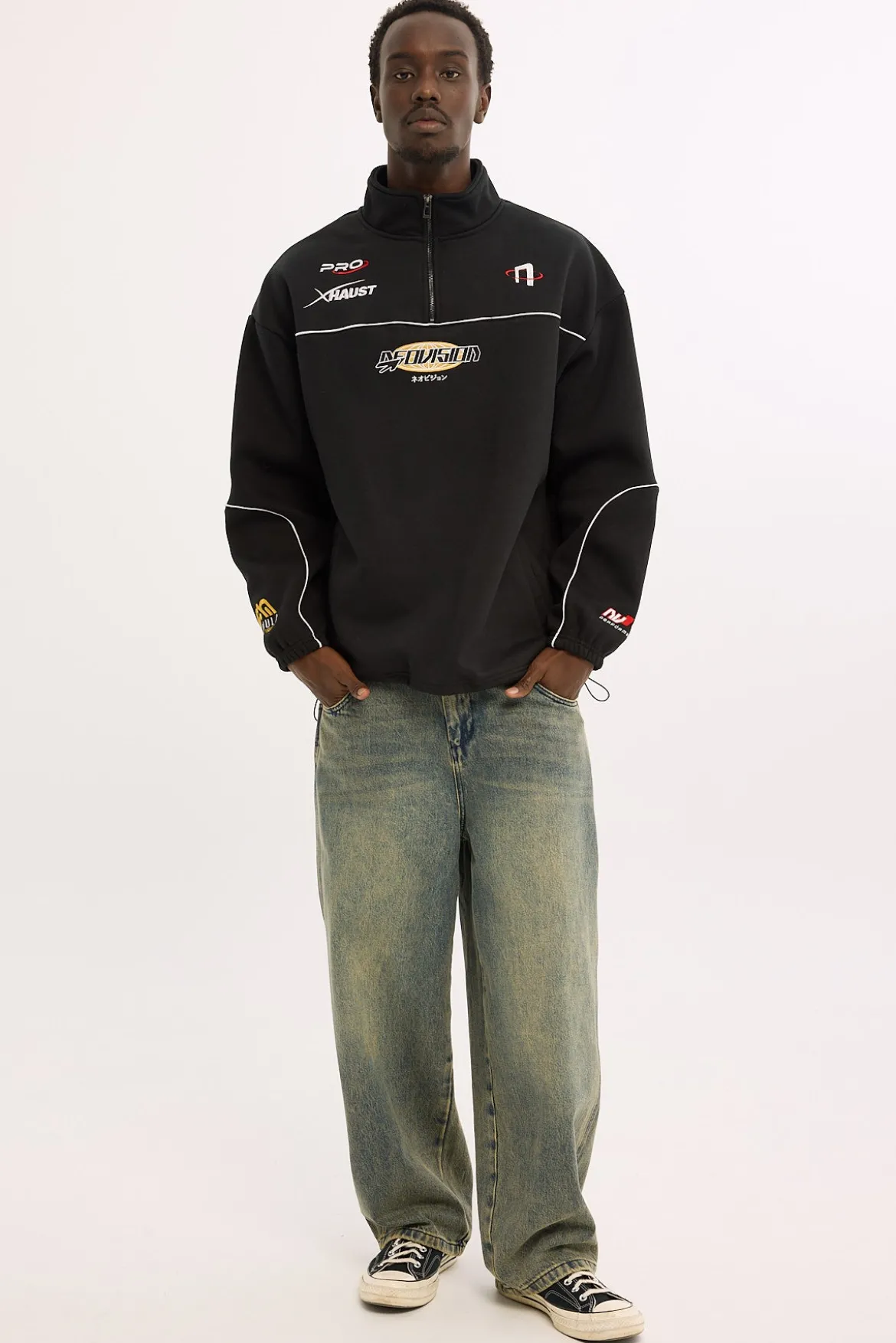 Throttle Elastic Quarter Zip Crew Black