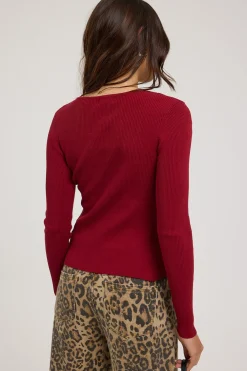 Tori Twist Front Long Sleeve Knit Top Red
