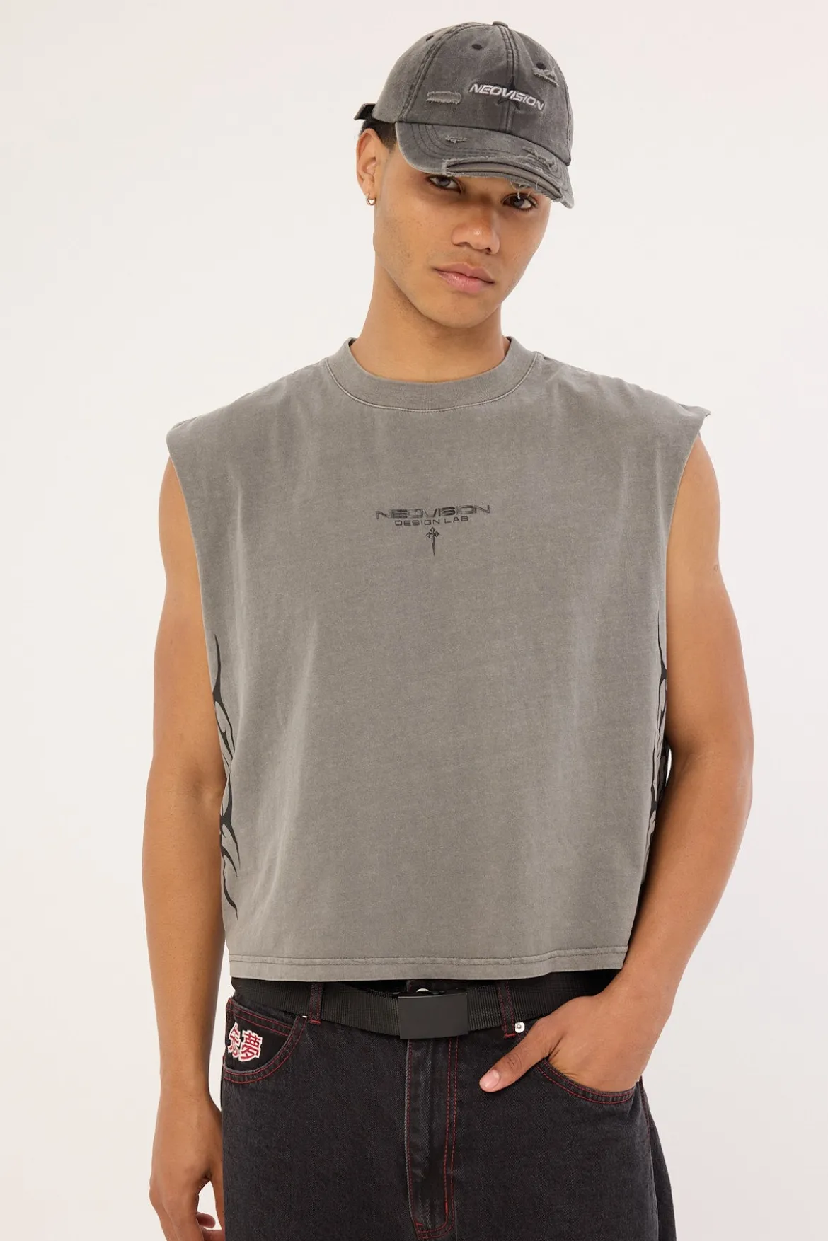 Tribal Cropped Muscle Tank Acid Grey
