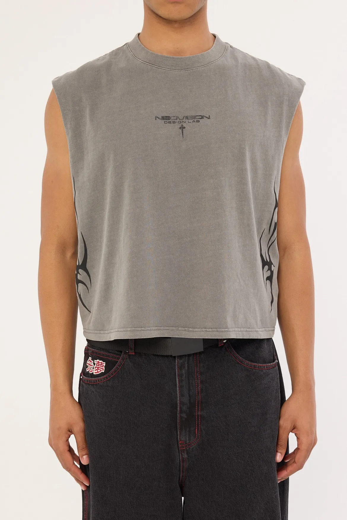 Tribal Cropped Muscle Tank Acid Grey