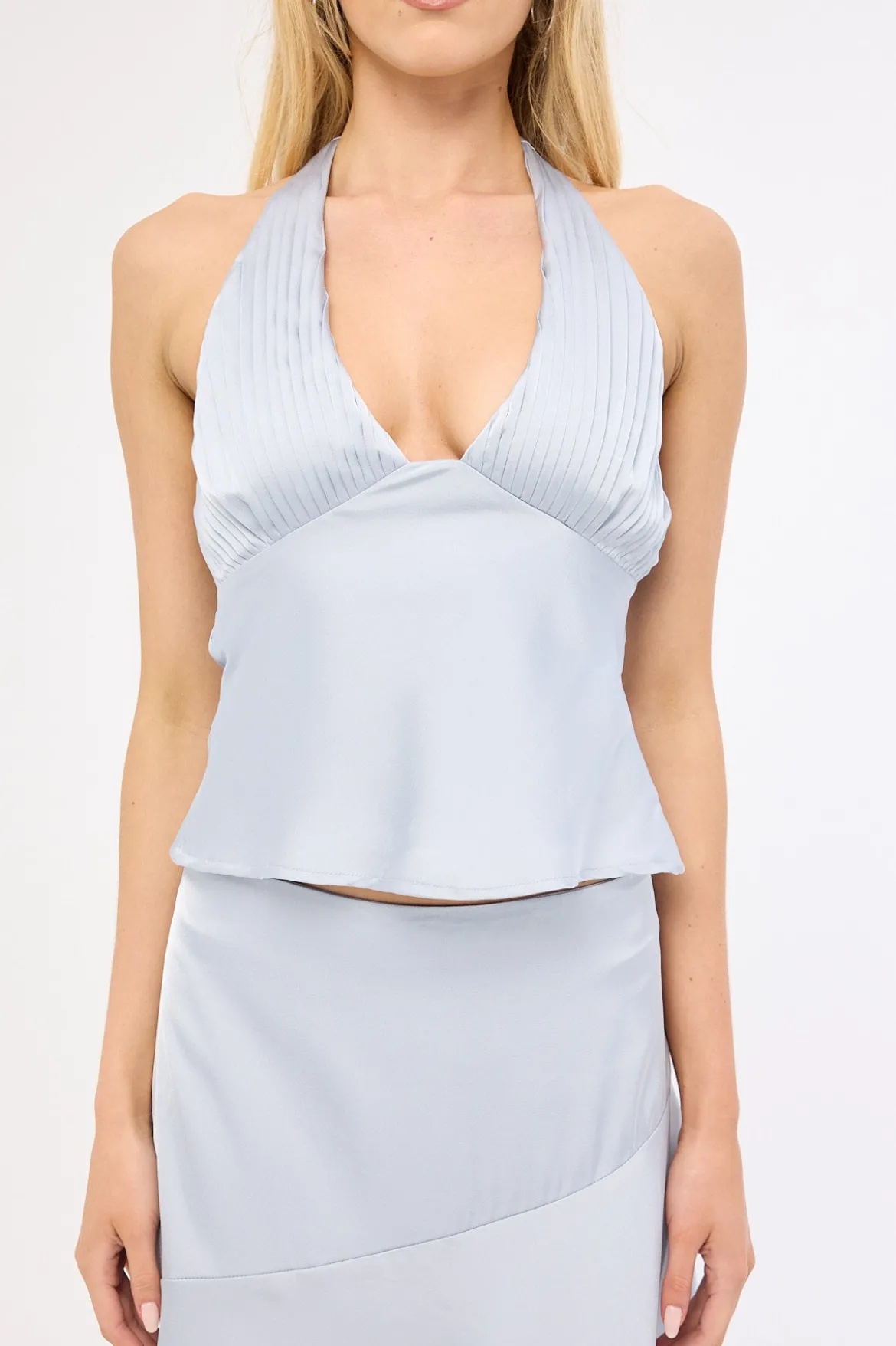 True Romance Satin Halter Top Ice Blue