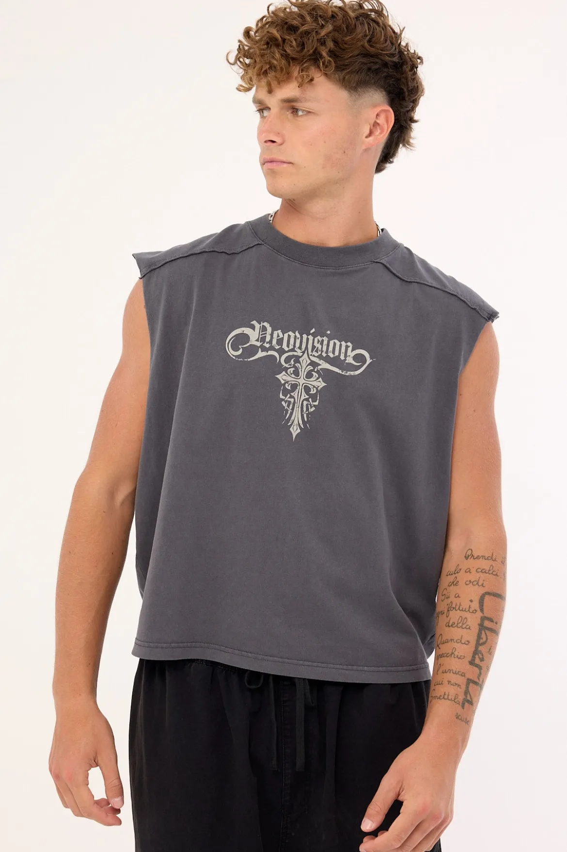 Tusk Distressed Cropped Muscle Tank Washed Black