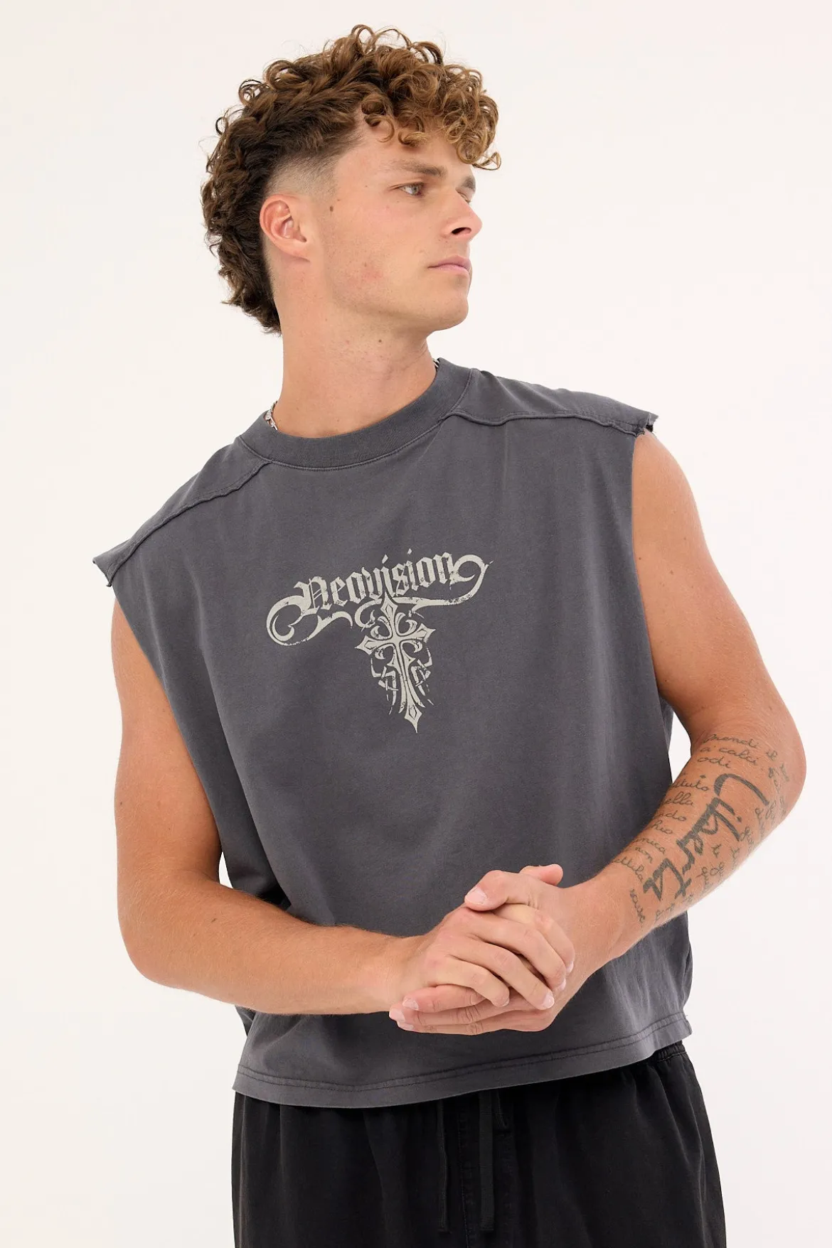 Tusk Distressed Cropped Muscle Tank Washed Black
