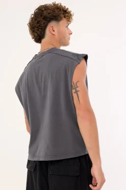 Tusk Distressed Cropped Muscle Tank Washed Black