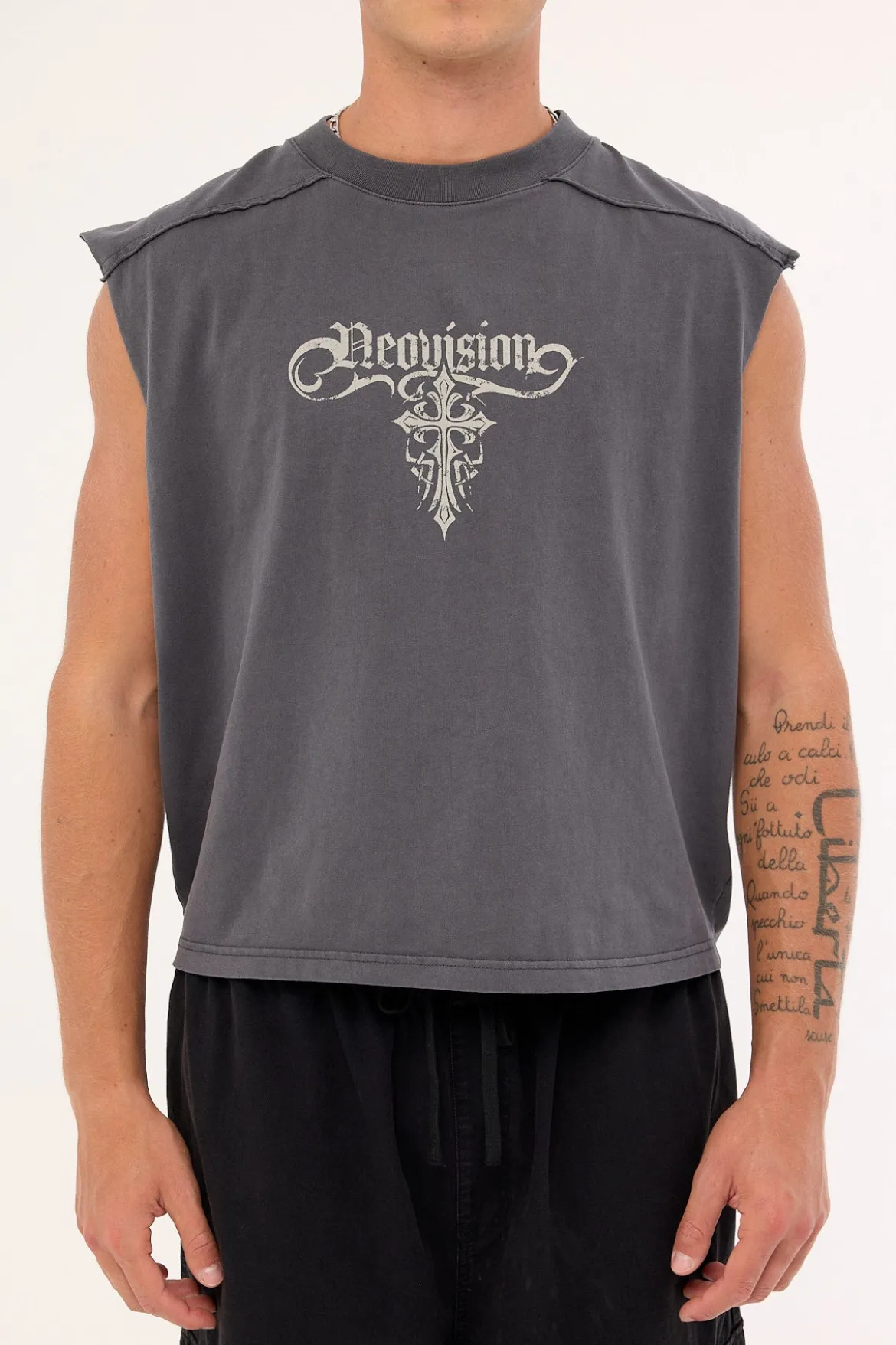 Tusk Distressed Cropped Muscle Tank Washed Black