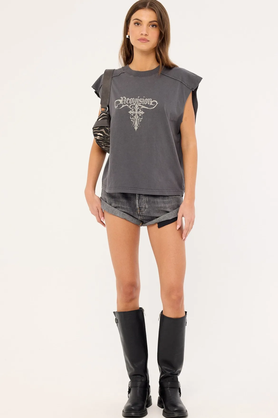 Tusk Distressed Cropped Muscle Tank Washed Black