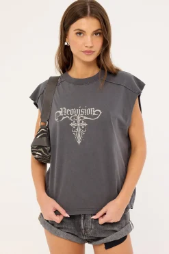 Tusk Distressed Cropped Muscle Tank Washed Black