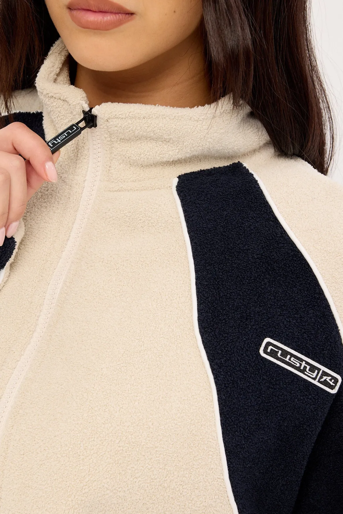 Two Tides Zip Through Sherpa Fleece Egret/Navy Blue