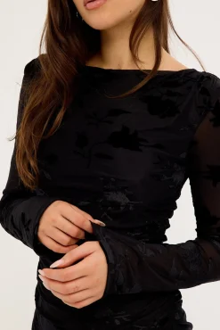 Ulla Flocked Long Sleeve Mini Dress Black
