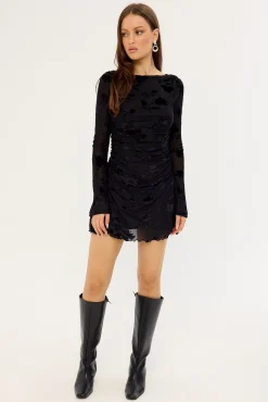 Ulla Flocked Long Sleeve Mini Dress Black