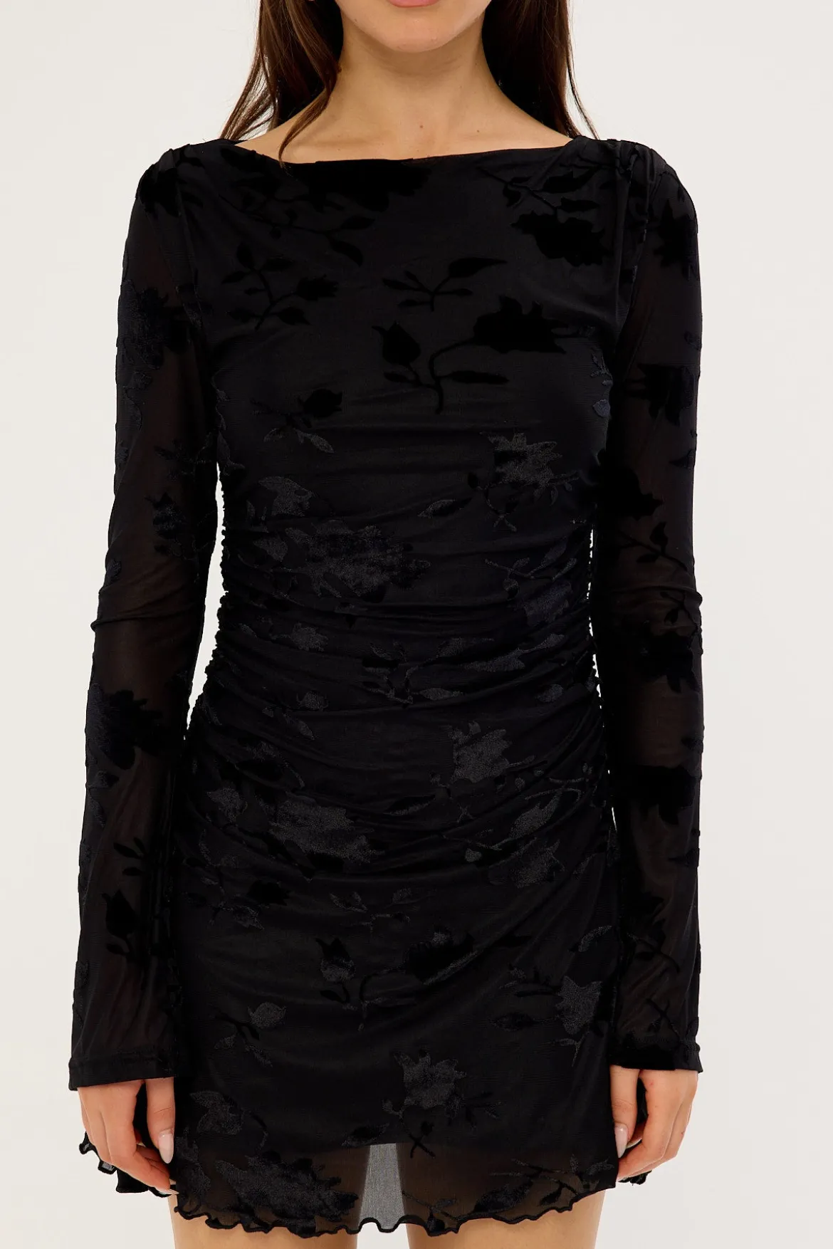 Ulla Flocked Long Sleeve Mini Dress Black