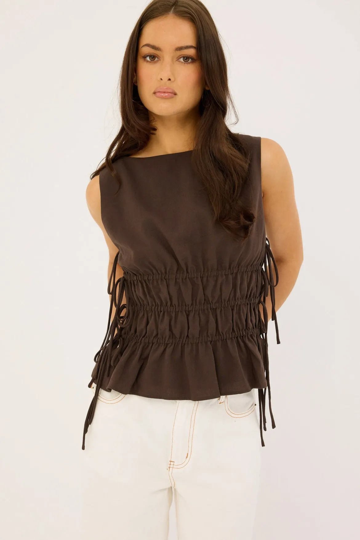 Verona Ruched Side Tie Top Chocolate