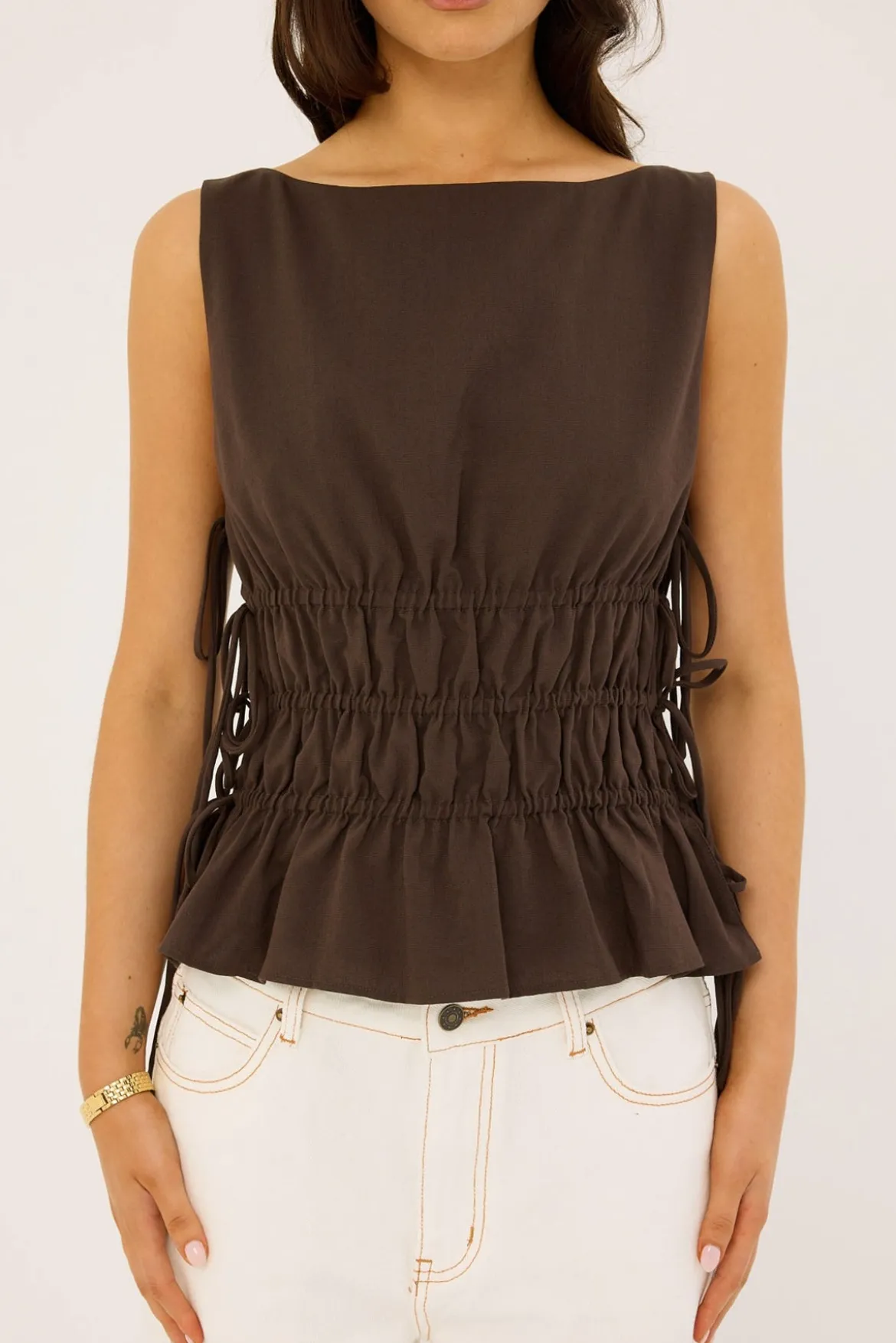 Verona Ruched Side Tie Top Chocolate