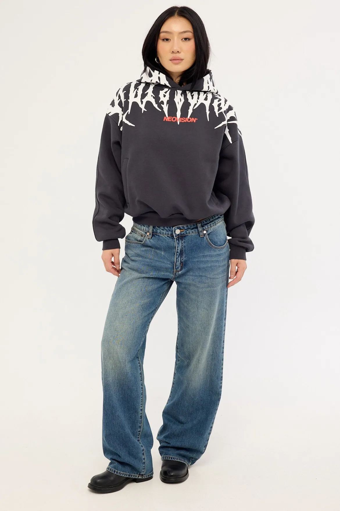 Virus Cropped Oversized Hoodie Washed Black