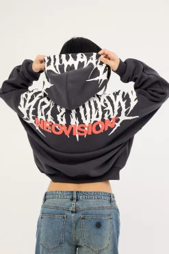 Virus Cropped Oversized Hoodie Washed Black