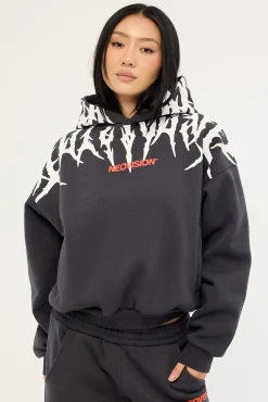 Virus Cropped Oversized Hoodie Washed Black