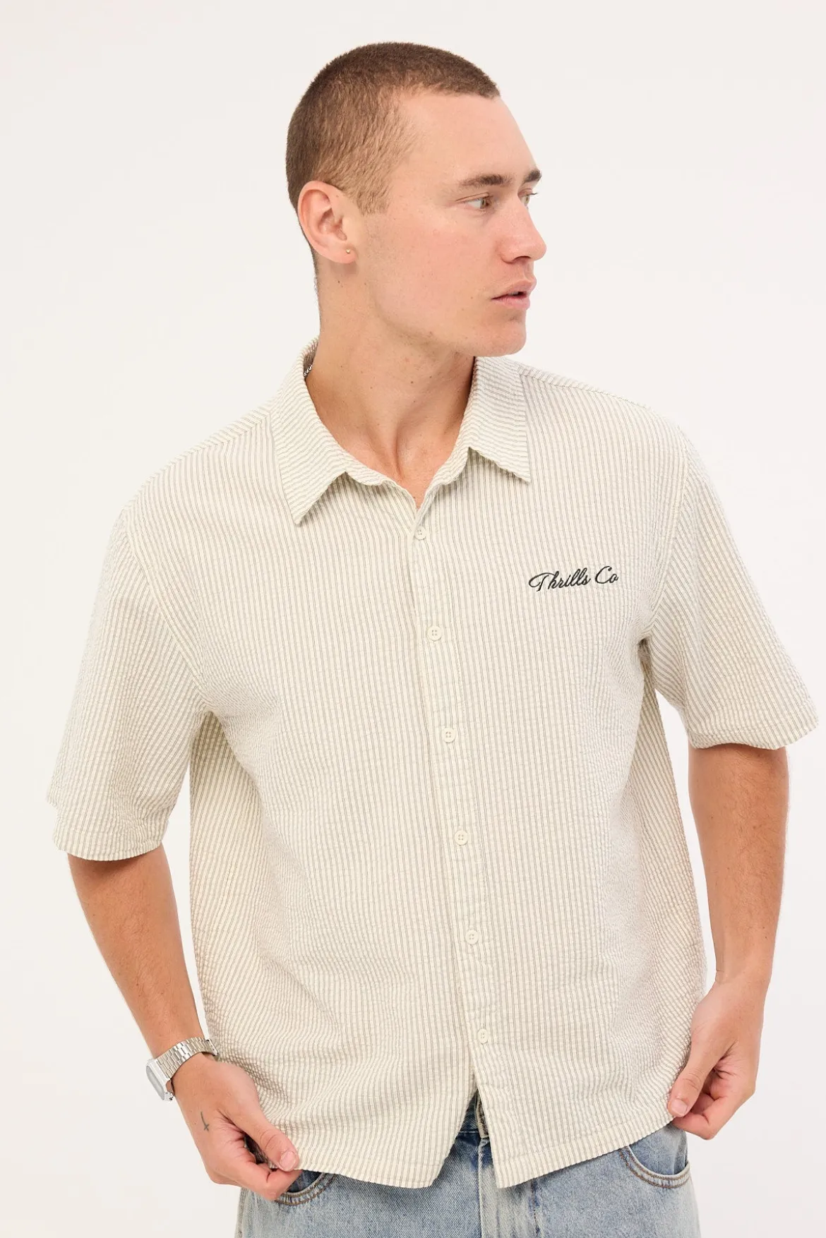 Visions Box Fit Cropped Short Sleeve Shirt Heritage White Stripe