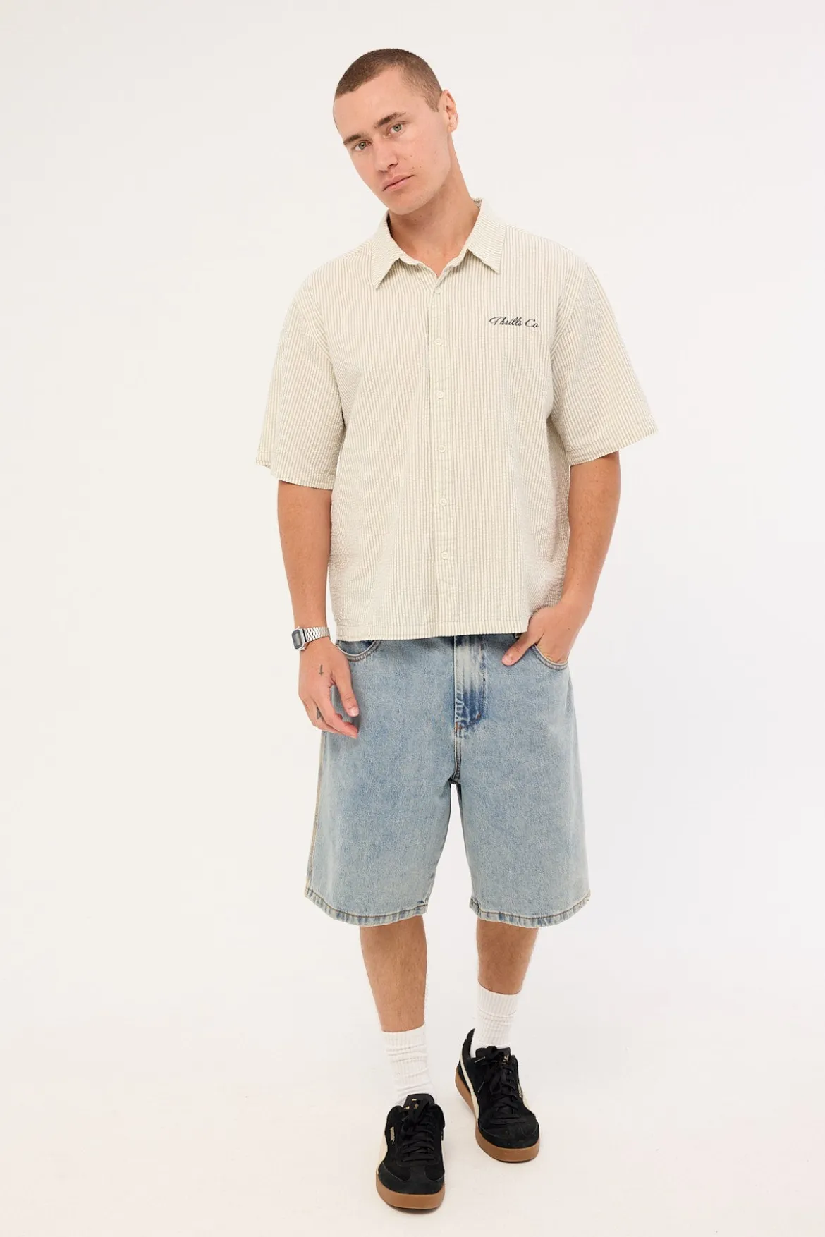 Visions Box Fit Cropped Short Sleeve Shirt Heritage White Stripe