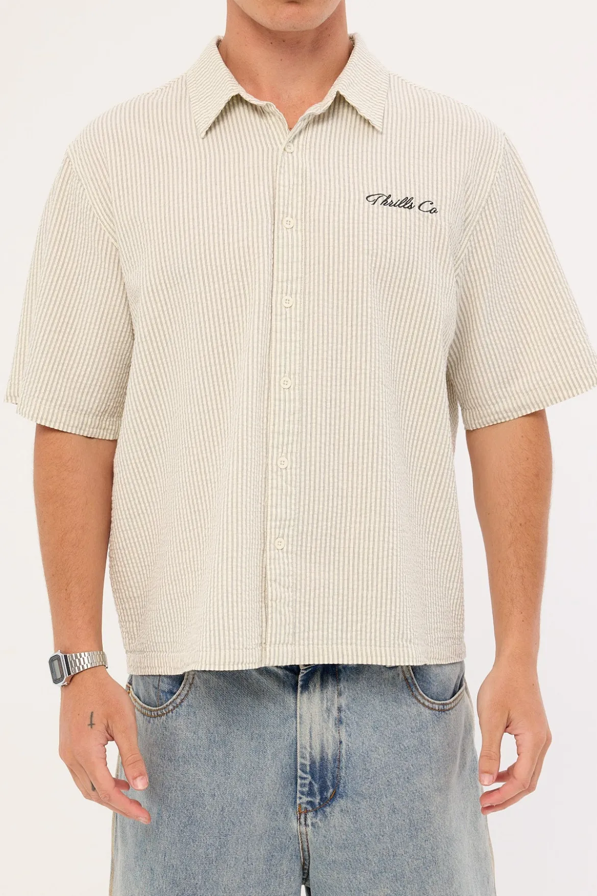 Visions Box Fit Cropped Short Sleeve Shirt Heritage White Stripe