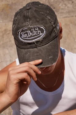 Washed Black Canvas Embroidery Patch Destroyed Wash Cap Black Wash/Grey Embro