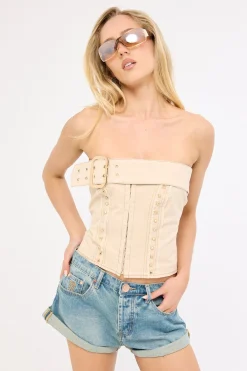 Wasteland Strapless Denim Corset Top Sand