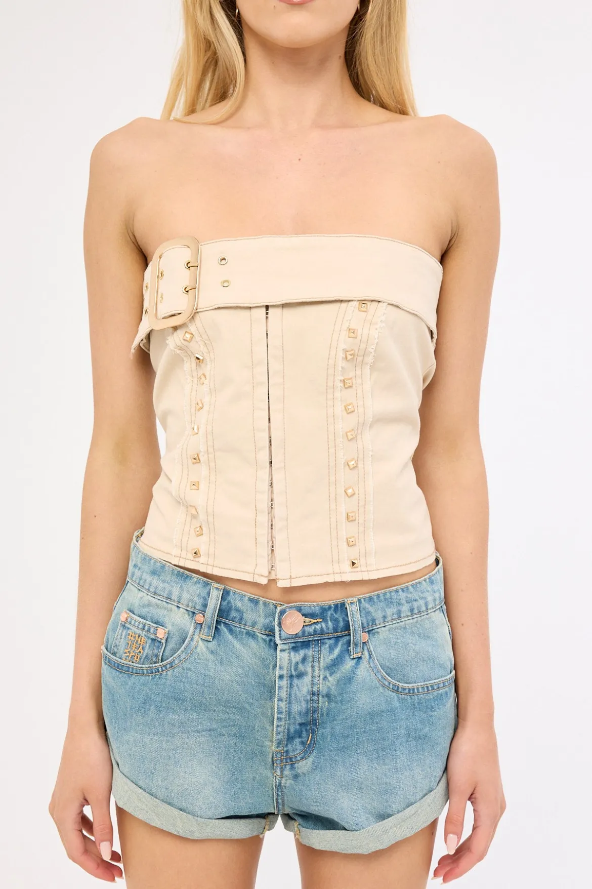 Wasteland Strapless Denim Corset Top Sand