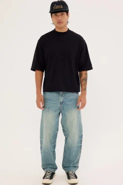 Web Of Deceit Mid Slacker Denim Jean Dirty Crinkle Blue