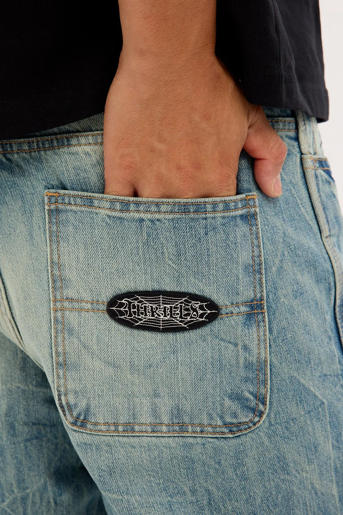Web Of Deceit Mid Slacker Denim Jean Dirty Crinkle Blue
