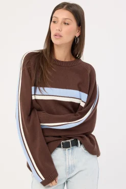 White Lines Long Sleeve Crew Neck Knit Java