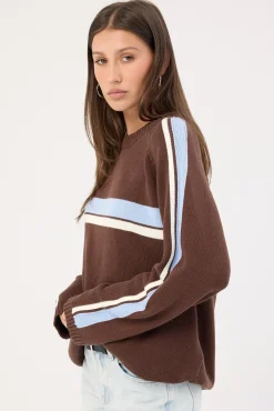 White Lines Long Sleeve Crew Neck Knit Java