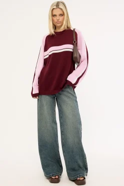 White Lines Two L/S Crew Neck Knit Burgundy