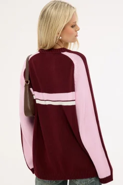 White Lines Two L/S Crew Neck Knit Burgundy