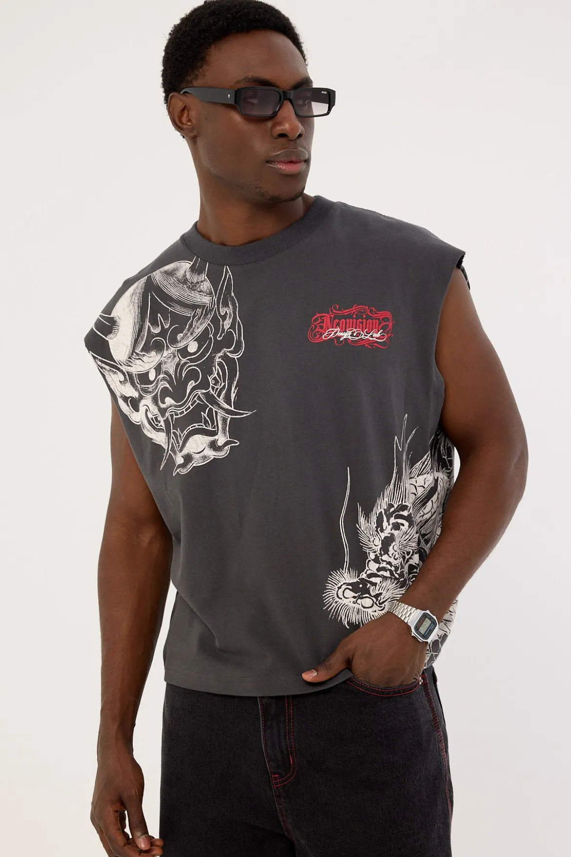 Yokai Cropped Muscle Tank Ash Black