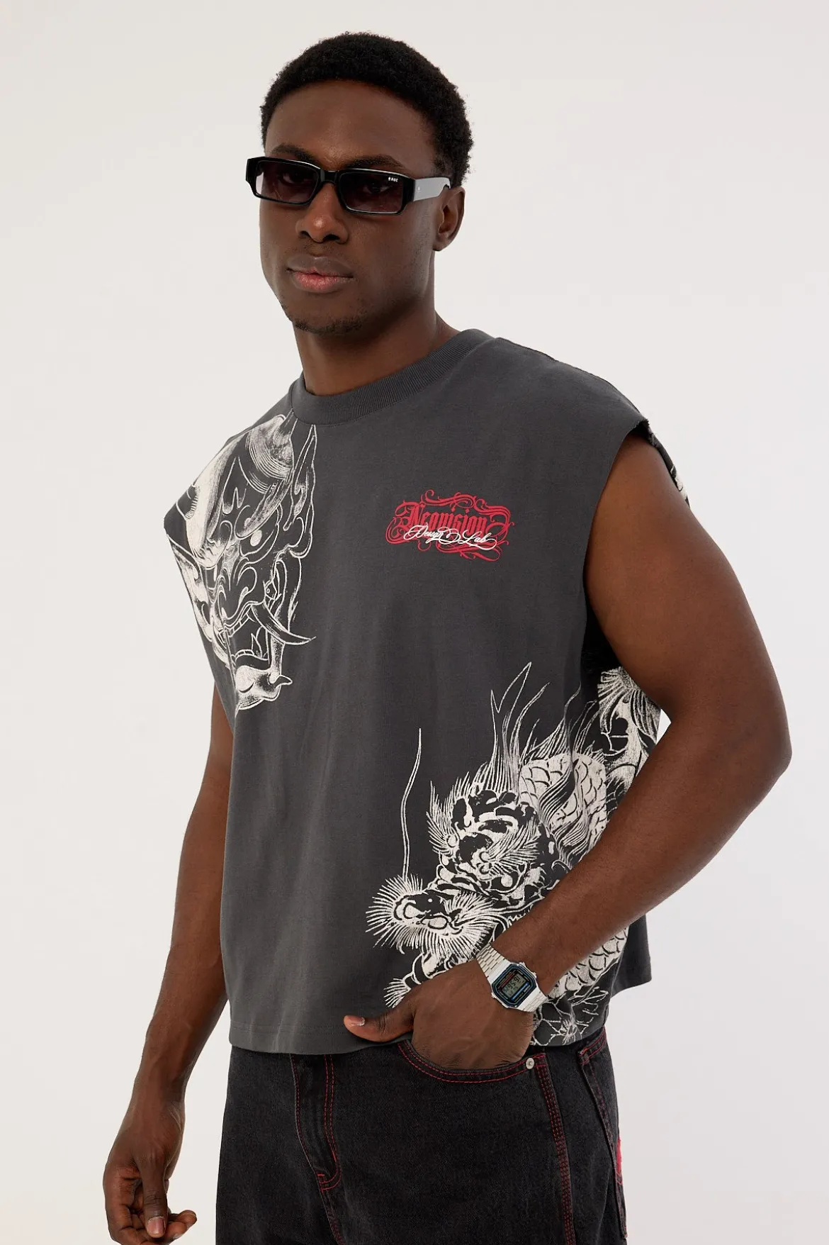 Yokai Cropped Muscle Tank Ash Black