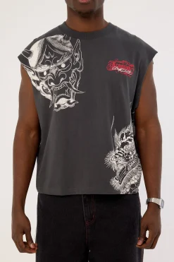 Yokai Cropped Muscle Tank Ash Black
