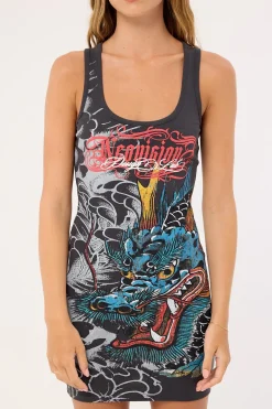 Yokai Lace Back Tank Mini Dress Washed Black