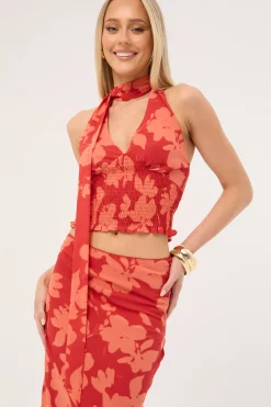 Zinna Halter Top Red Print