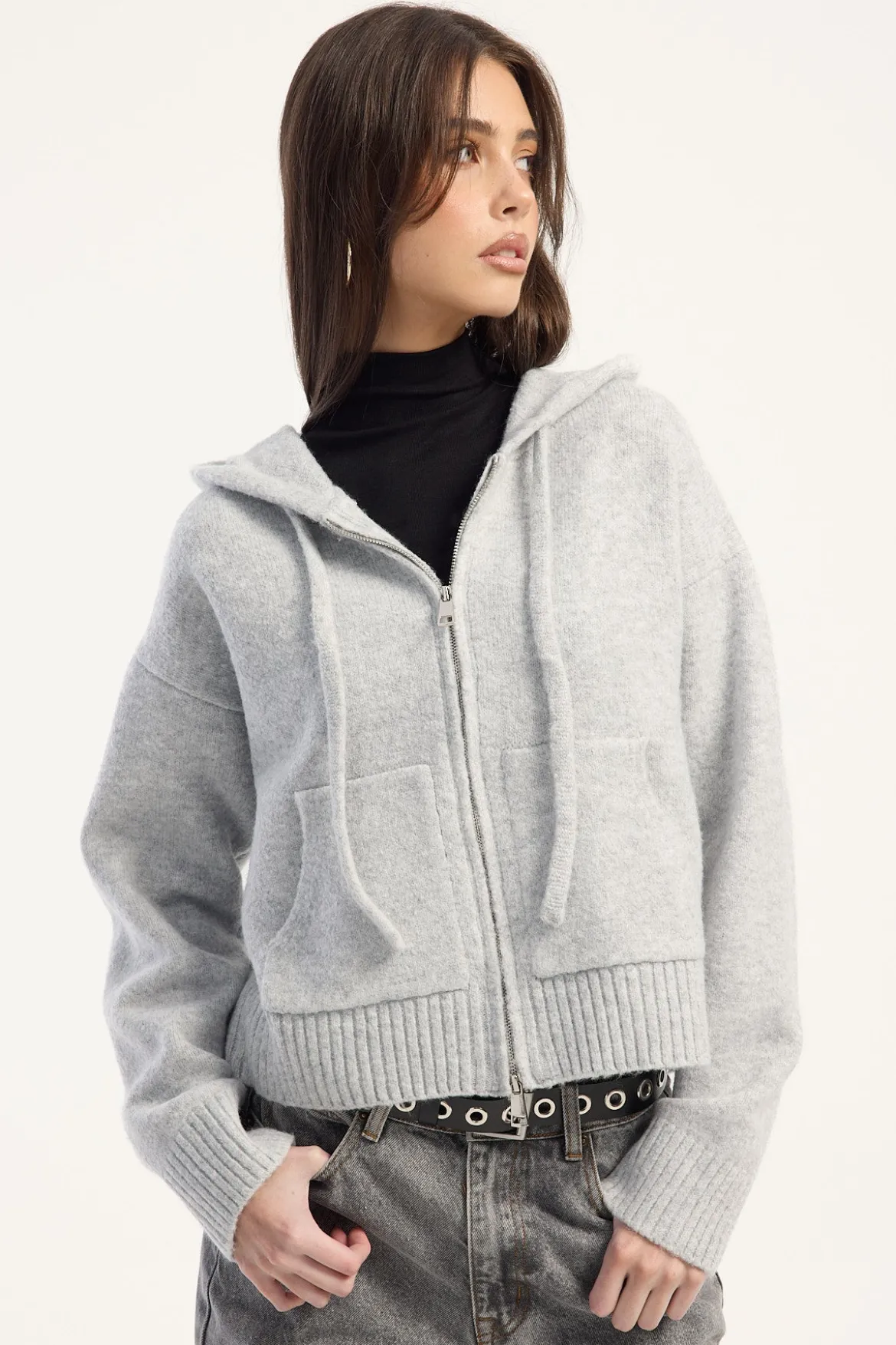 Zola Knit Zip Thru Grey Marle